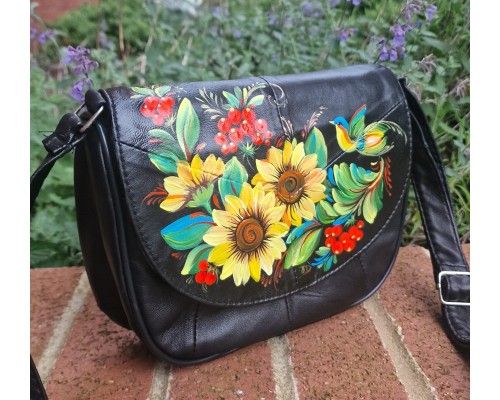 Handbag real leather, sunflowers